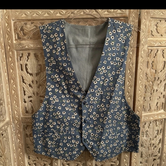 Vintage L.L. Bean Reversible Chambray Denim & Floral Print Vest Small - Picture 5 of 6